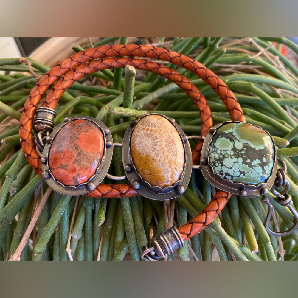3 Stone 3 Wrap Braided Leather Bracelet